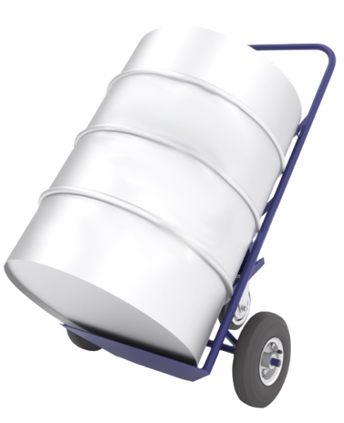 Тележка для перевозки металлических бочек с фиксацией ремнем КБ 2 колёса пневмо d250 + d160 опорное